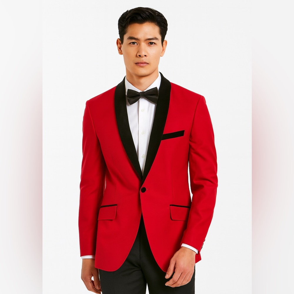 Tazio Italy‎ Mens 44L Red Jacket Black Velvet Trim Tuxedo Blazer Holiday Formal